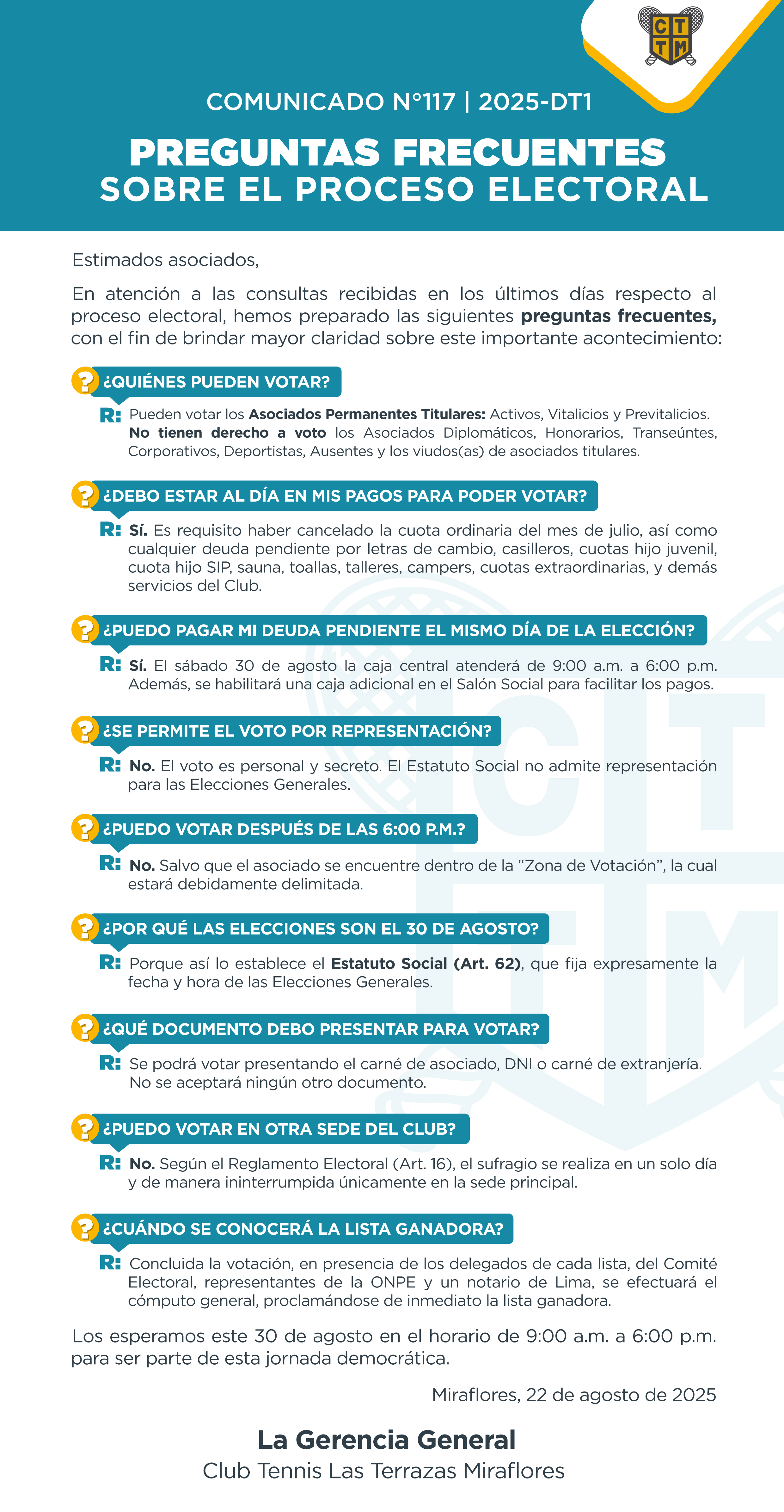 📣COMUNICADO N.º 117 | 2025 - DT1 - PREGUNTAS FRECUENTES SOBRE EL PROCESO ELECTORAL 🗳️