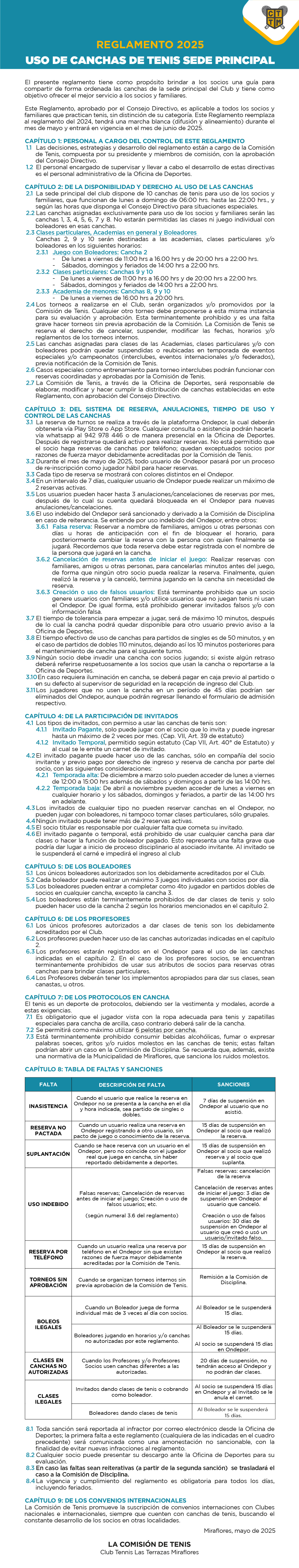 REGLAMENTO 2025: USO DE CANCHAS DE TENIS SEDE PRINCIPAL🎾 