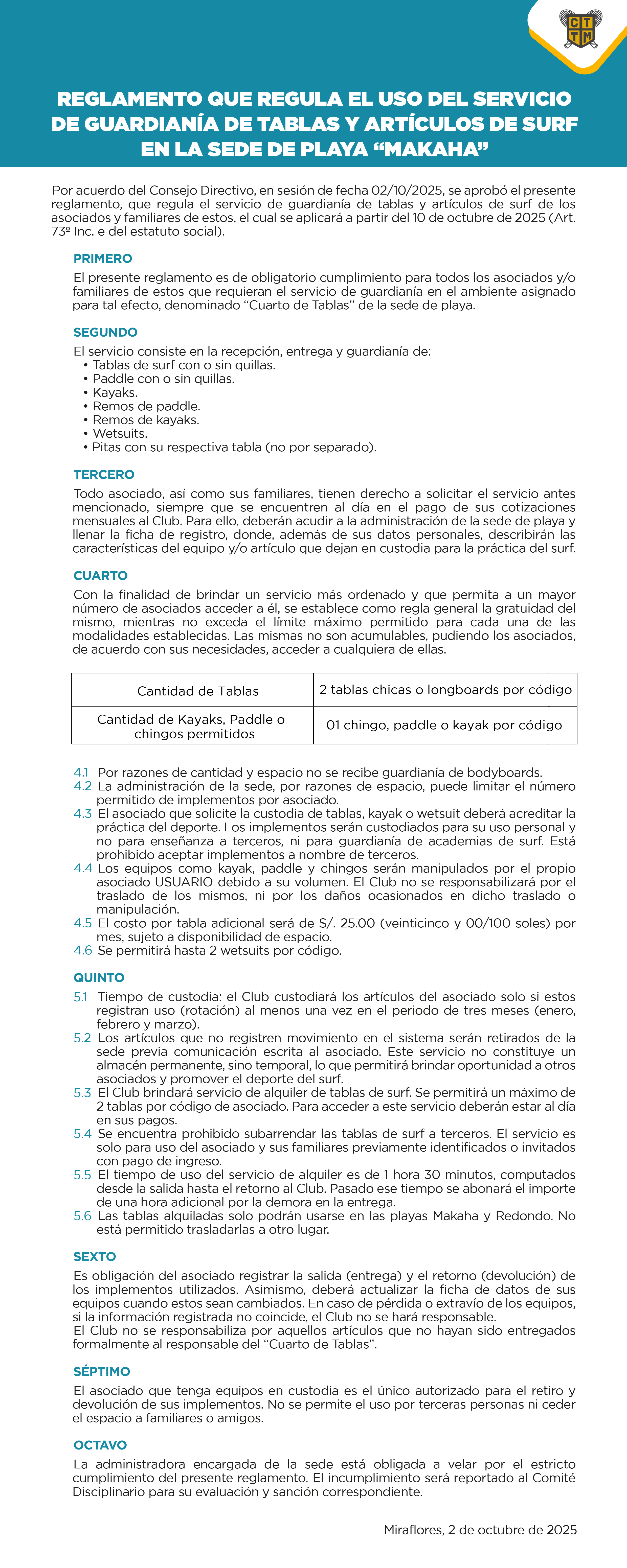 🏄‍♂️ REGLAMENTO QUE REGULA EL USO DEL SERVICIO DE GUARDIANÍA DE TABLAS Y ARTÍCULOS DE SURF EN LA SEDE DE PLAYA “MAKAHA” 