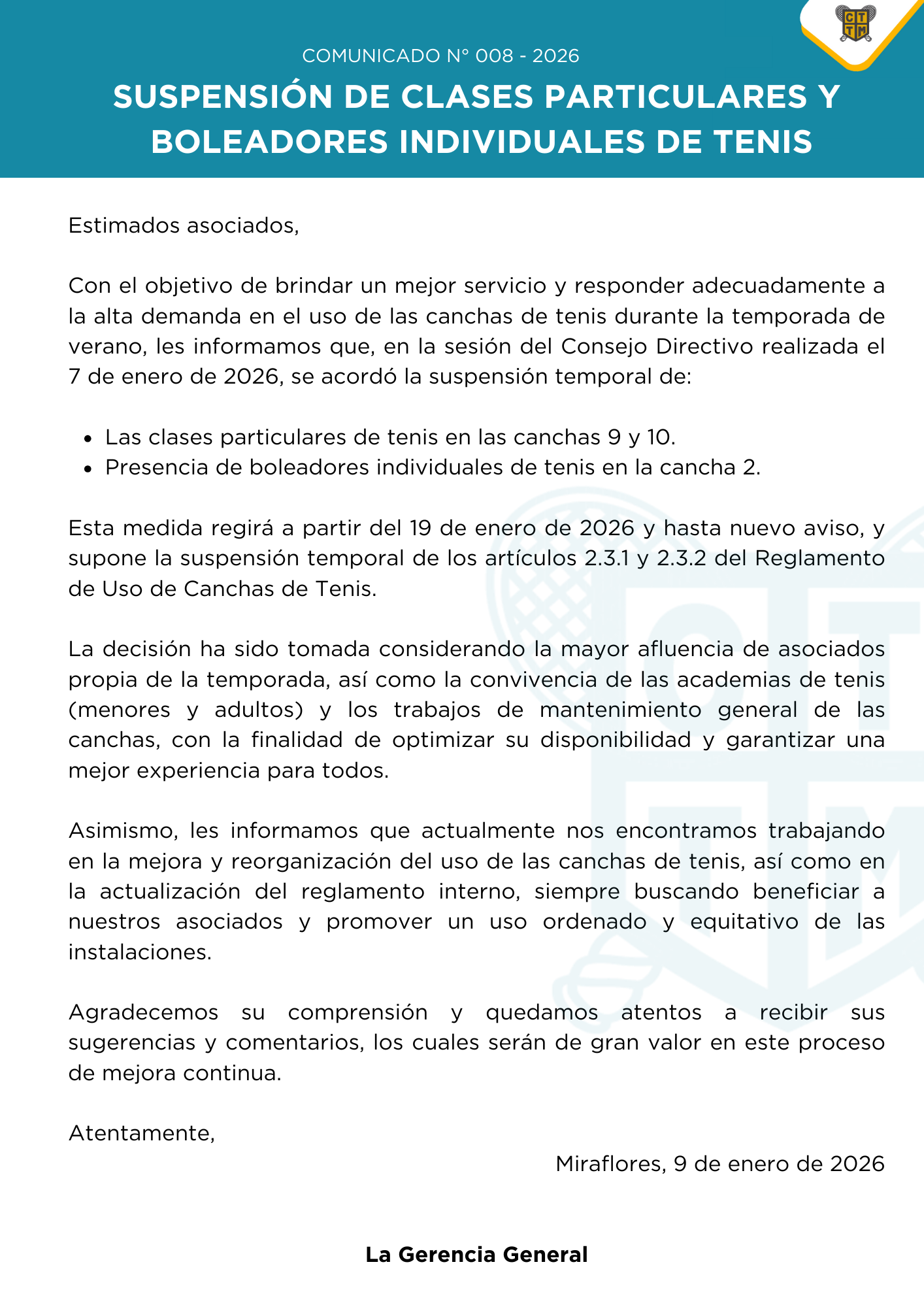 📣COMUNICADO N°008 - 2026 - SUSPENSIÓN DE CLASES PARTICULARES Y BOLEADORES INDIVIDUALES DE TENIS