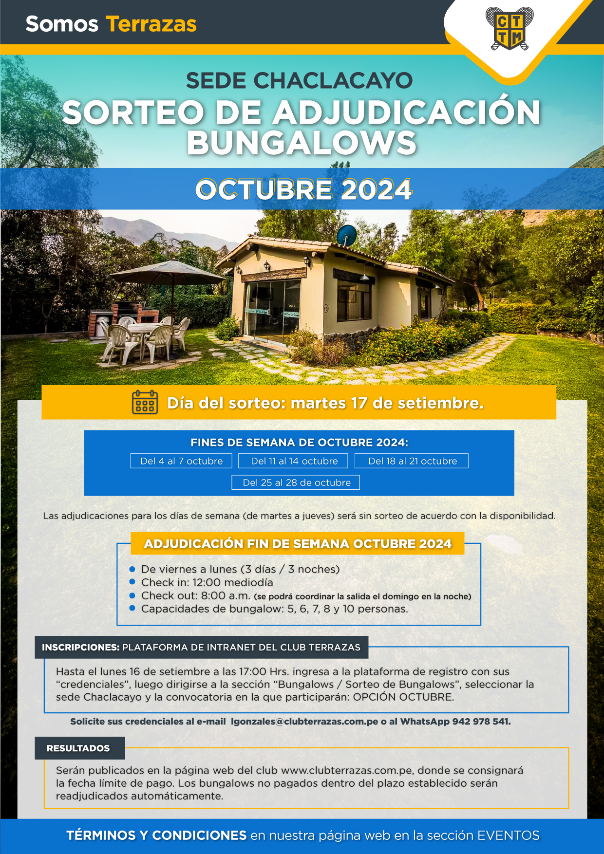 CONVOCATORIA AL SORTEO DE ADJUDICACIÓN DE BUNGALOWS MES OCTUBRE