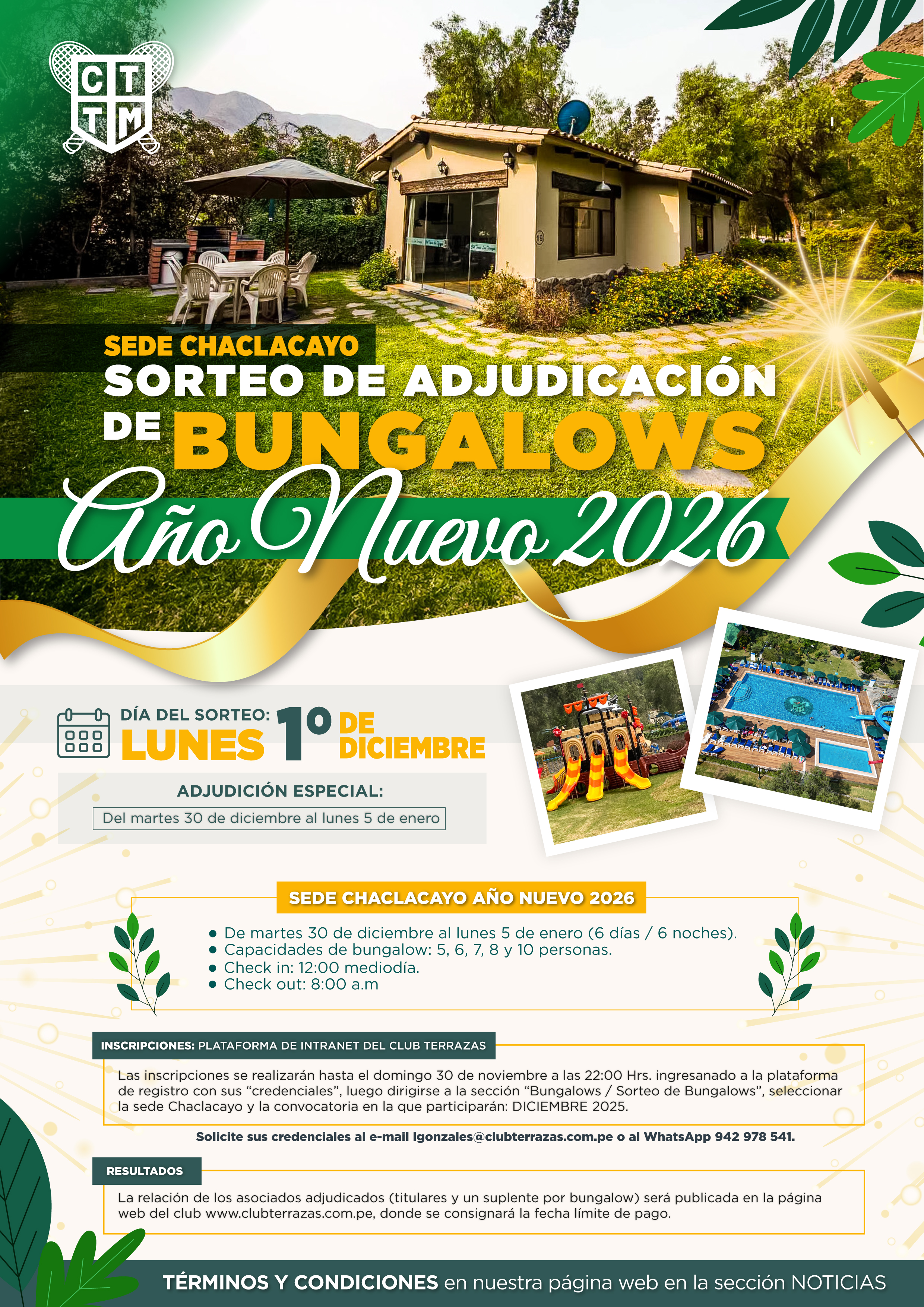 CONVOCATORIA AL SORTEO DE ADJUDICACIÓN DE BUNGALOWS – AÑO NUEVO 2026 – SEDE CHACLACAYO 🎉🏡✨