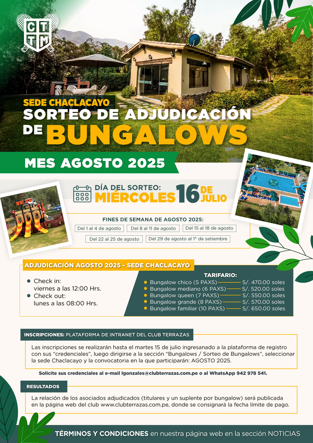 📢 CONVOCATORIA AL SORTEO DE ADJUDICACIÓN DE BUNGALOWS SEDE CHACLACAYO - AGOSTO 2025 🏞️🏡