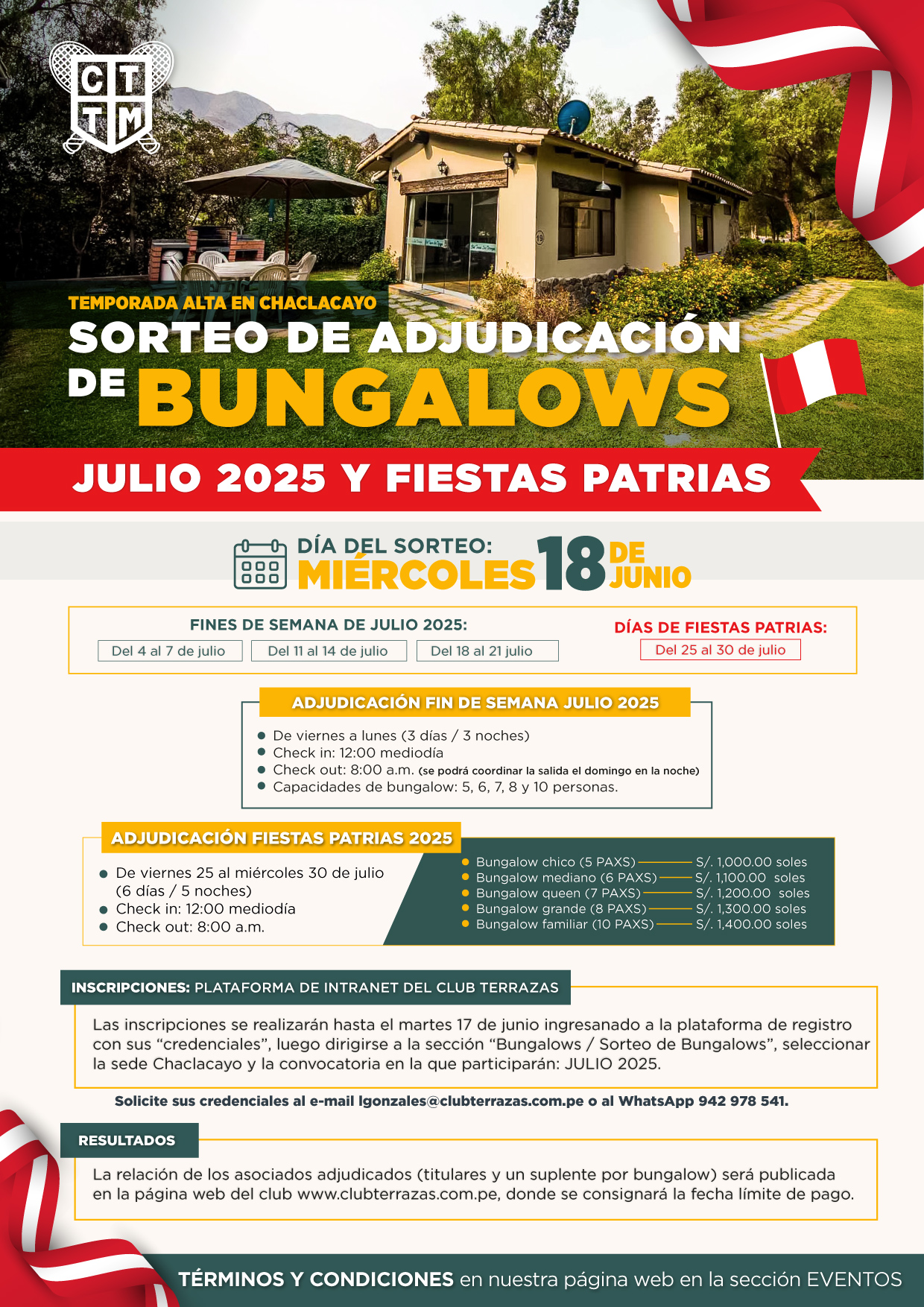 📢 CONVOCATORIA AL SORTEO DE ADJUDICACIÓN DE BUNGALOWS SEDE CHACLACAYO - JULIO Y  FIESTAS PATRIAS 🏞️🏡