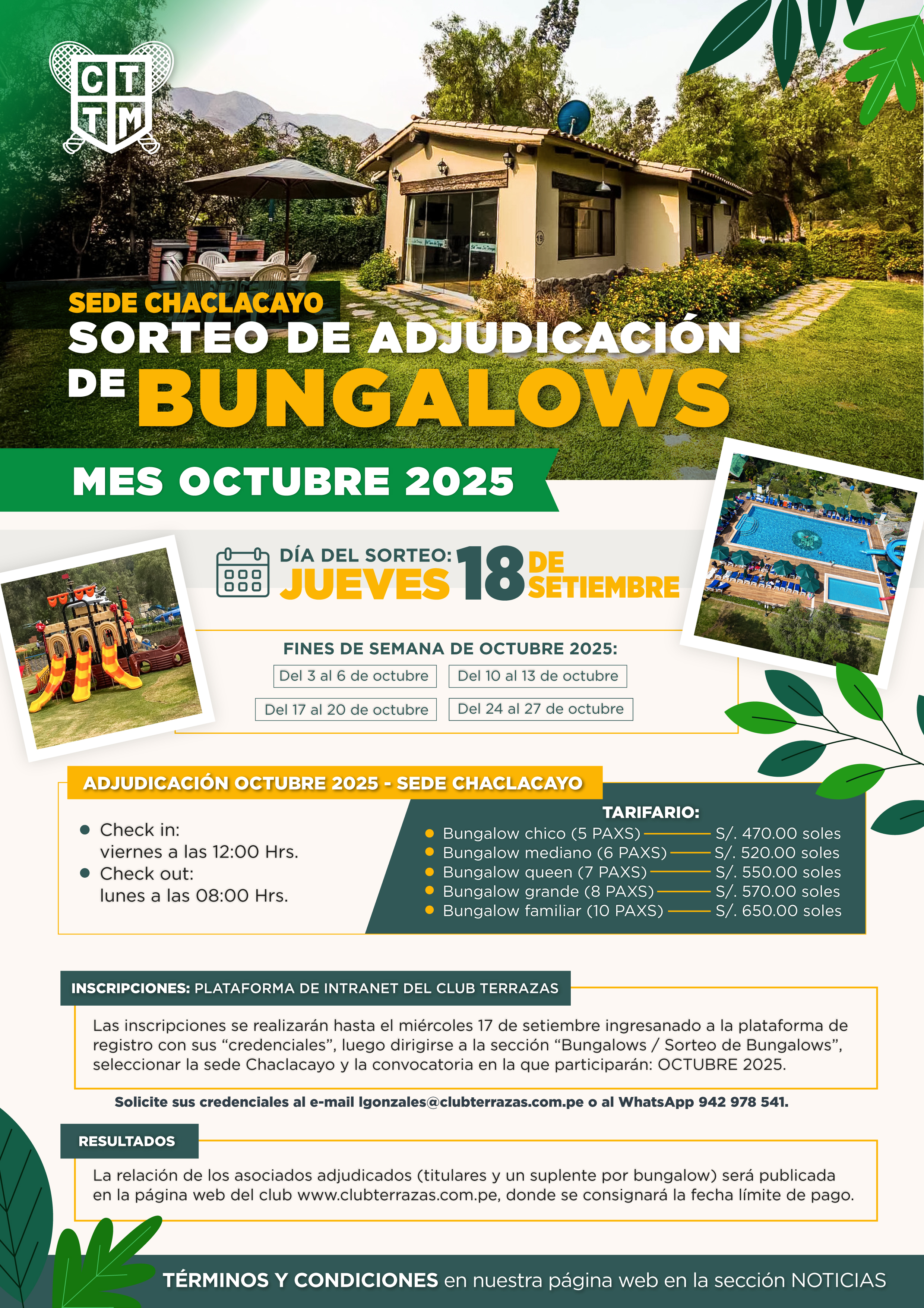📢 CONVOCATORIA AL SORTEO DE ADJUDICACIÓN DE BUNGALOWS SEDE CHACLACAYO - OCTUBRE 2025 🏞️🏡