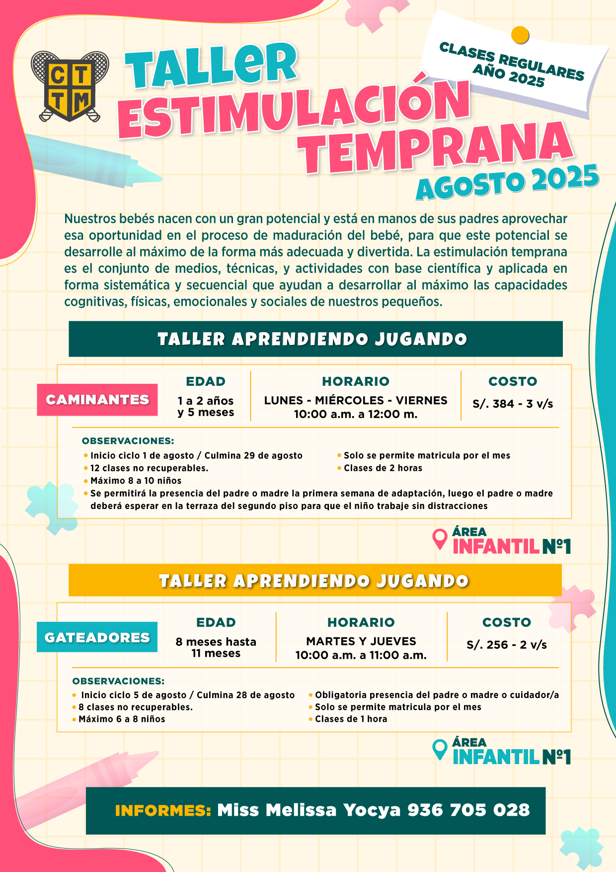 👶🎨 TALLER DE ESTIMULACIÓN TEMPRANA – AGOSTO 🗓️💛