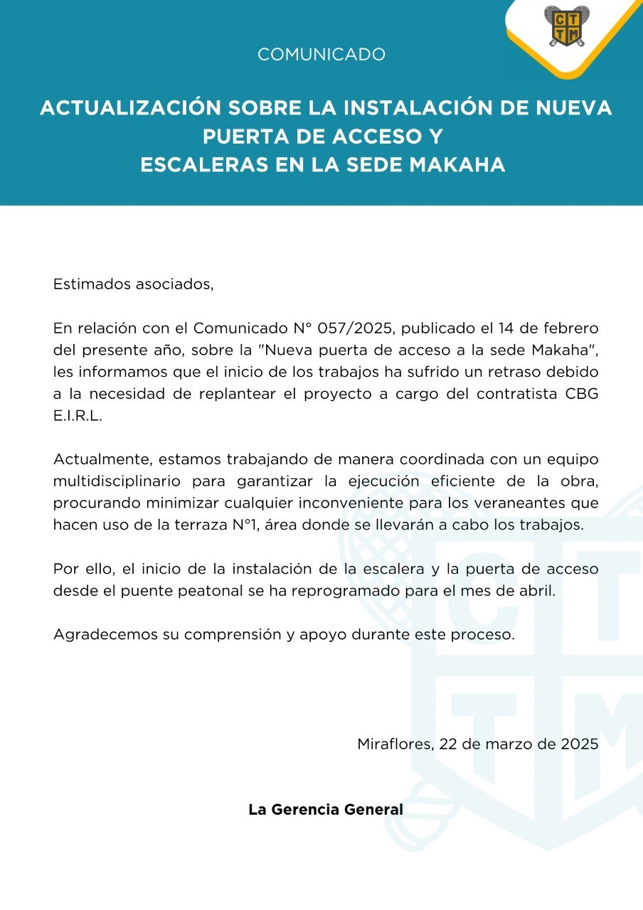 📣COMUNICADO: ACTUALIZACIÓN SOBRE LA INSTALACIÓN DE NUEVA PUERTA DE ACCESO Y ESCALERAS EN LA SEDE MAKAHA	