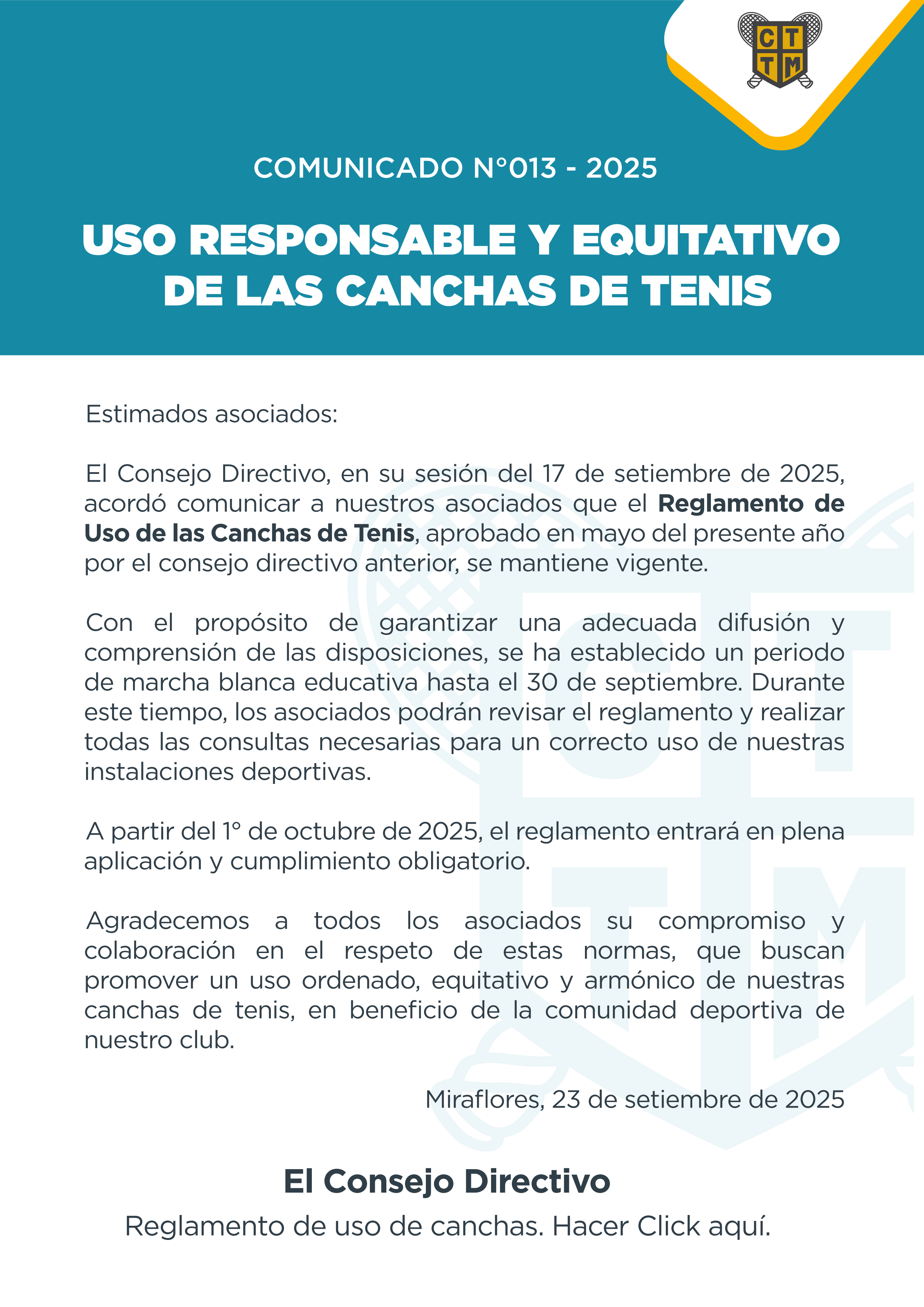 📣COMUNICADO N° 013 - 2025 - USO RESPONSABLE Y EQUITATIVO DE LAS CANCHAS DE TENIS🎾