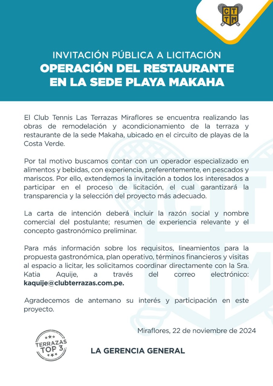 INVITACIÓN PÚBLICA A LICITACIÓN📝: OPERACIÓN DEL RESTAURANTE EN LA SEDE PLAYA MAKAHA 🍽️ 🌊