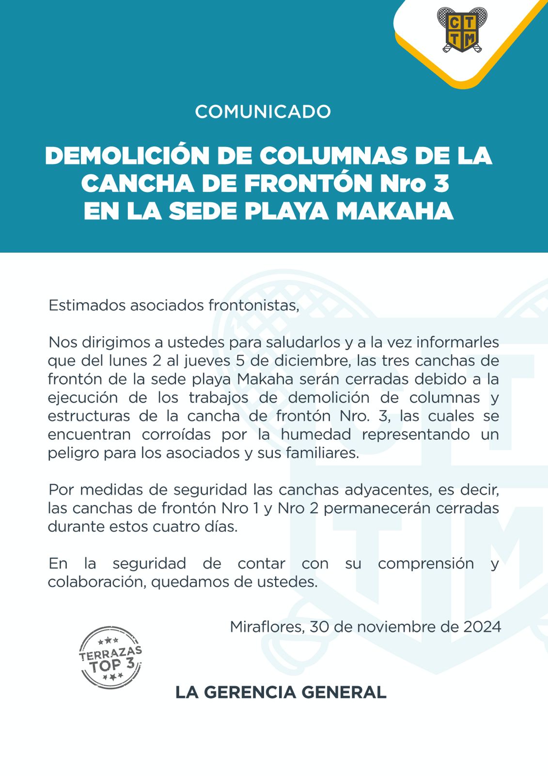 COMUNICADO: DEMOLICIÓN DE COLUMNAS DE LA CANCHA DE FRONTÓN N°3 DE LA SEDE PLAYA MAKAHA