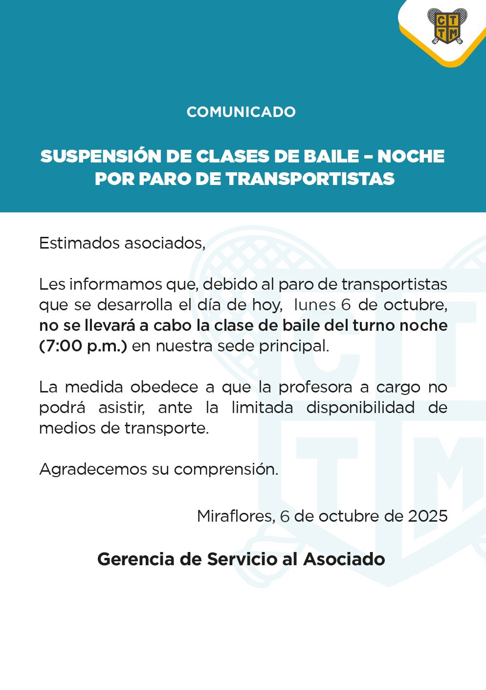 📣COMUNICADO: SUSPENSIÓN DE CLASES DE BAILE - NOCHE POR PARO DE TRANSPORTISTAS