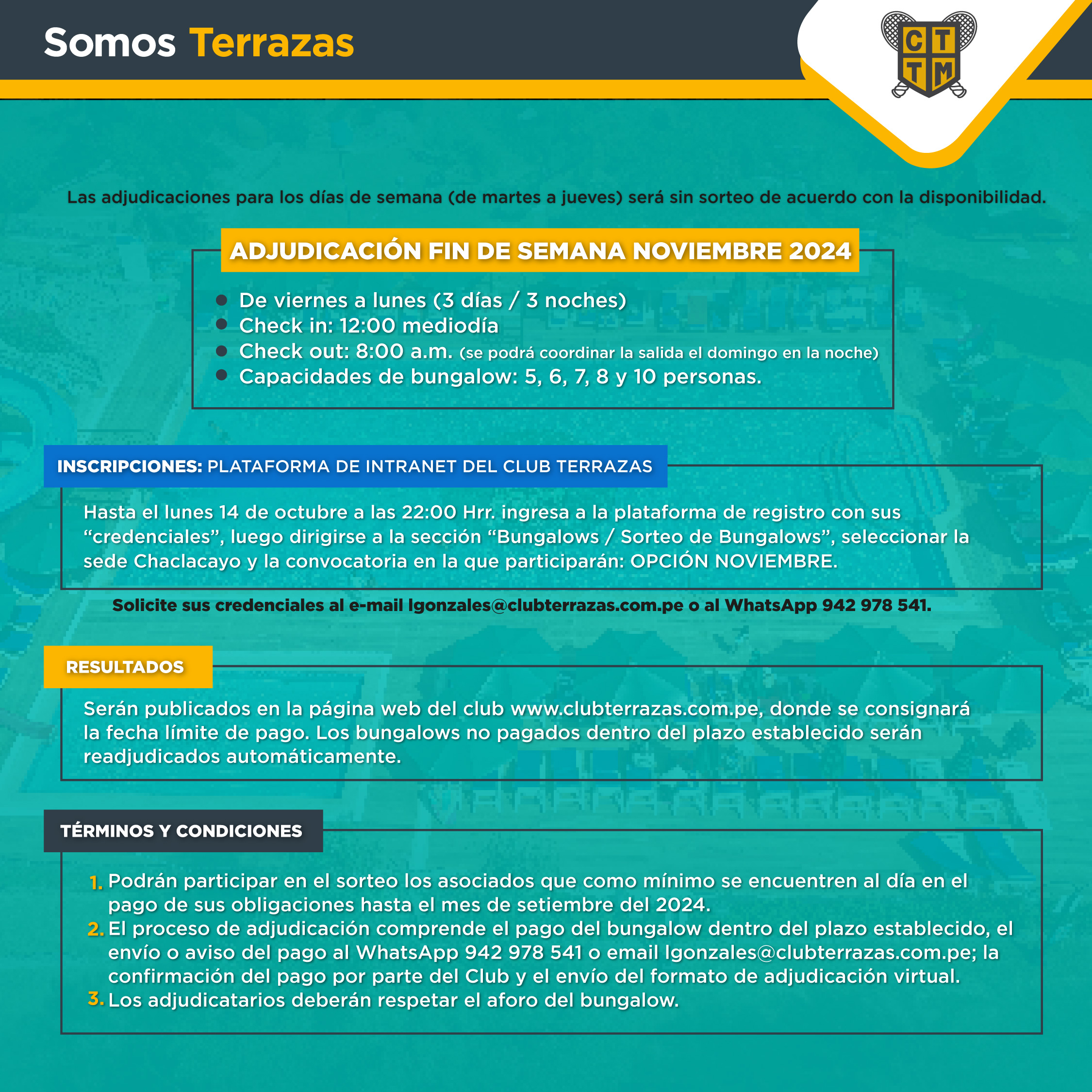 CONVOCATORIA AL SORTEO DE ADJUDICACIÓN DE BUNGALOWS MES NOVIEMBRE